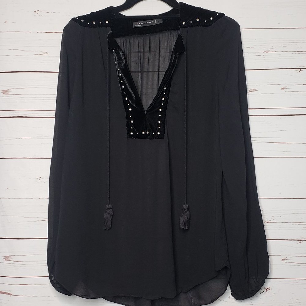 Zara Women Black Velvet Trim Blouse